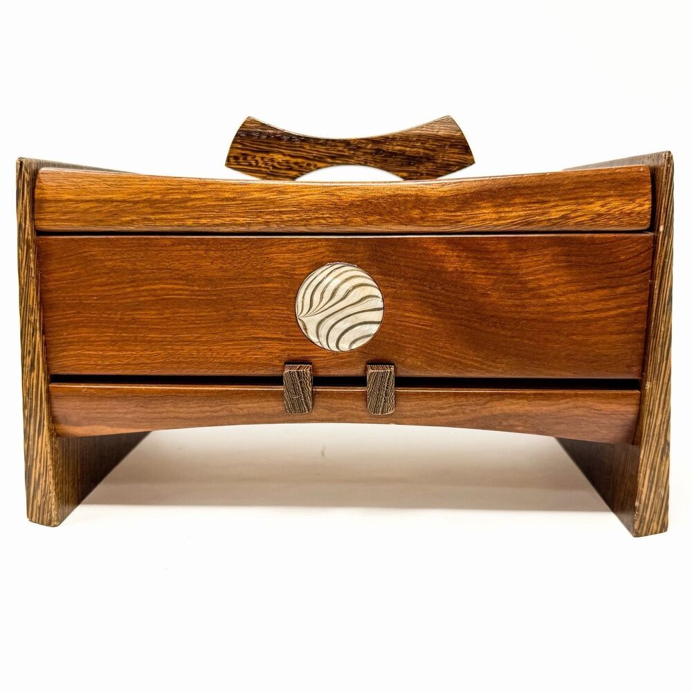 Signed Handmade Wood Jewelry Box Wenge Mother of Pearl Inlay Studio Art